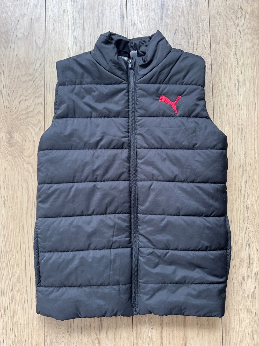 Puma Puffer Vest Youth Boys Medium 10-12 Black Red Full Zip Sleeveless Jacket